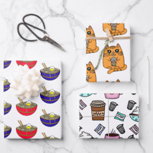 Ramen, Boba Tee und Kaffee Geburtstag Geschenkpapier Set