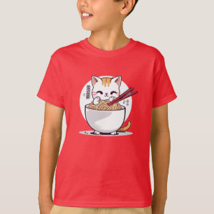 Ramen Cat Eating Noodles Design T - Shirt