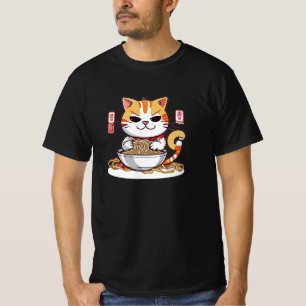 Ramen Cat Eating Noodles Design T - Shirt