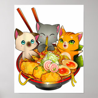 Ramen Cat Kawaii Neko Anime Otaku Katzen Japanisch Poster