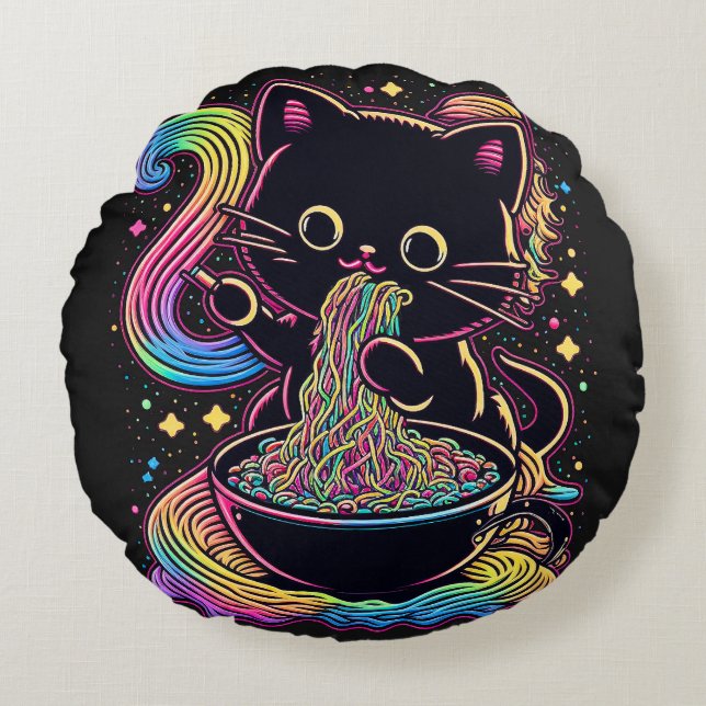 Ramen Cat Round Throw Kissen (16") (Vorderseite)