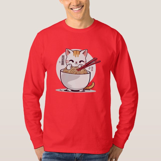 Ramen Chat Manger des nouilles Design T-shirt (Devant)