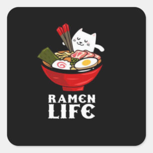 Ramen Life Cat Eat auf Unisex Poly Cotton Quadratischer Aufkleber