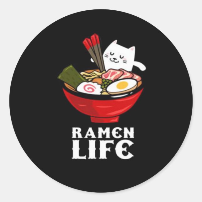 Ramen Life Cat Eat auf Unisex Poly Cotton Runder Aufkleber (Vorderseite)