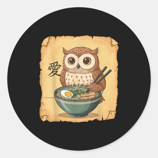 Ramen Owl Noodle Kawaii Lover Japanese Funny Graph Runder Aufkleber (Vorderseite)