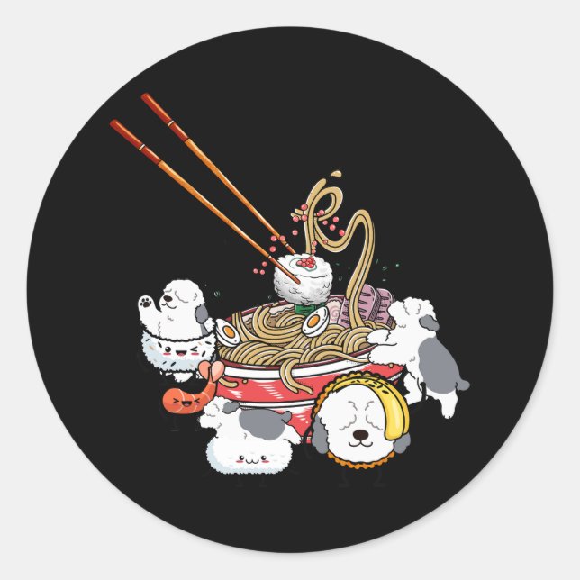 Ramen Sushi Old English Sheepdog Hund Japanisches  Runder Aufkleber (Vorderseite)