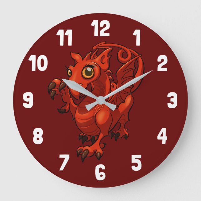 Rampant Little Welsh Baby Red Dragon Cartoon Große Wanduhr (Vorderseite)