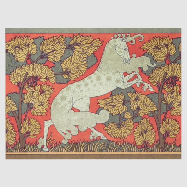 RAMPANTE WEISSE PFERDE, BÄUME IM Jugendstil Seidenpapier (Vorderseite)