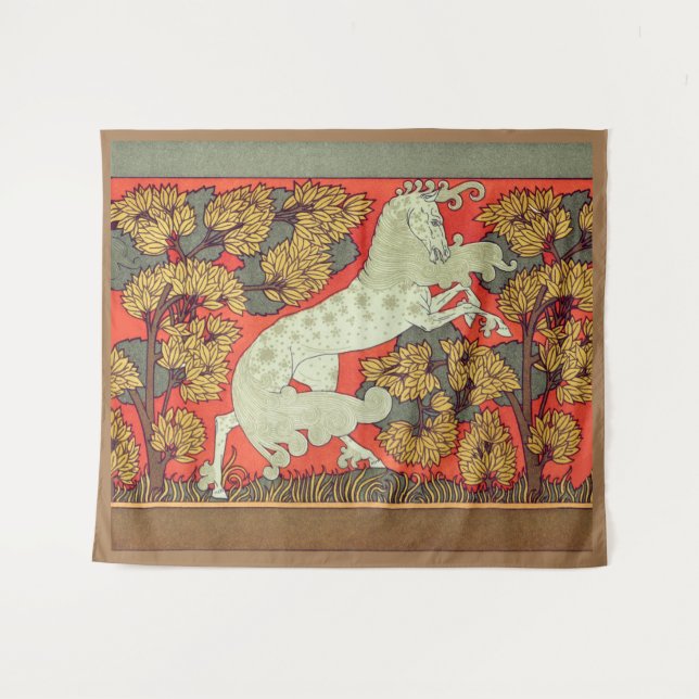 RAMPANTE WEISSE PFERDE, BÄUME IM Jugendstil Wandteppich (Vorderseite (Horizontal))
