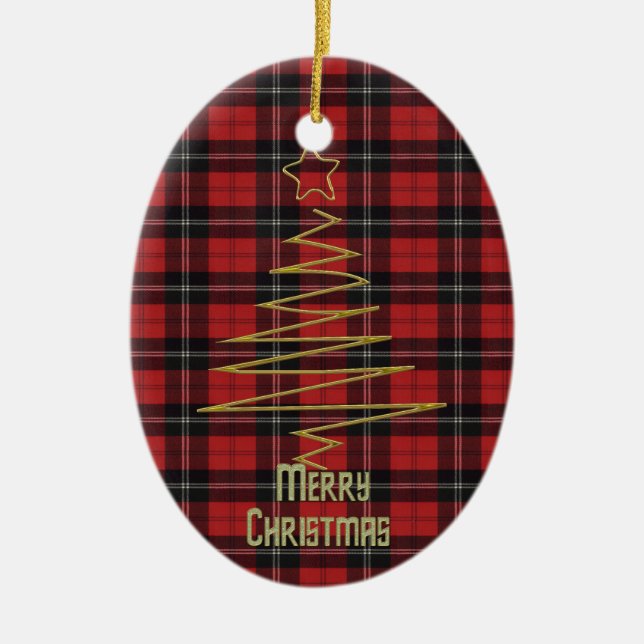 Ramsay Red Modern Clan Tartan and Motto Keramik Ornament (Vorne)