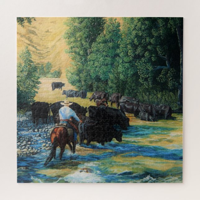 Ranch cattle drive Angus and horse at river (Horizontal)