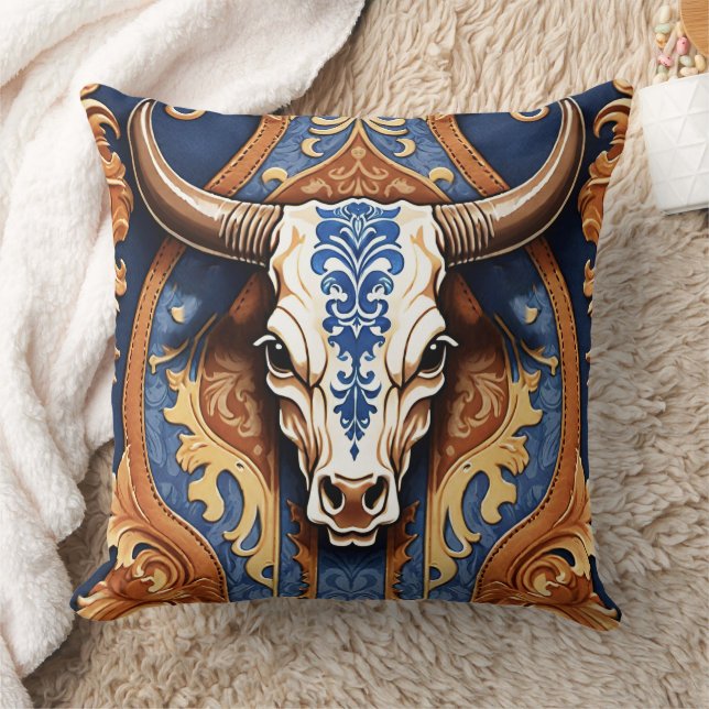 Ranch Style Western Tooled Leather Cow Head Kissen (Decke)