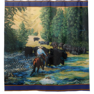 Ranchpferd, Angus-Viehherde in dem Fluss- Duschvorhang