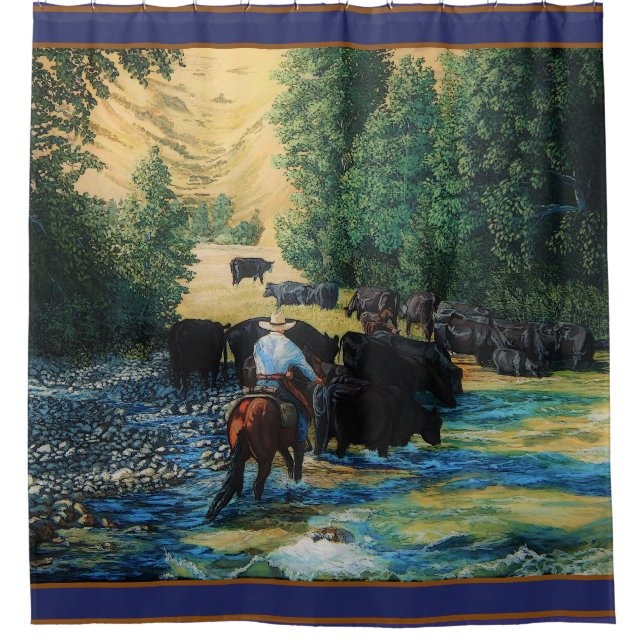 Ranchpferd, Angus-Viehherde in dem Fluss- Duschvorhang (Vorderseite)