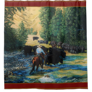 Ranchpferd, Angus-Viehherde in dem Fluss- Duschvorhang