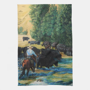 Ranchpferd, Angus-Viehherde in Fluss cartooned Geschirrtuch
