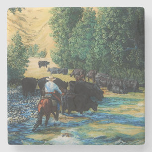 Ranchpferd, Angus-Viehherde in Fluss cartooned Steinuntersetzer