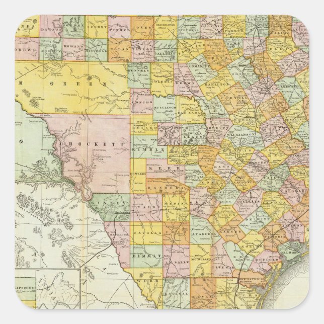 Rand McNally Railroad und Landkreis Map of Texas Quadratischer Aufkleber (Vorderseite)