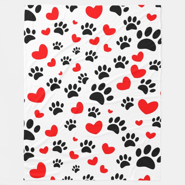 Random Cartoon Dog Paw Prints and Red Hearts Fleecedecke (Vorderseite)