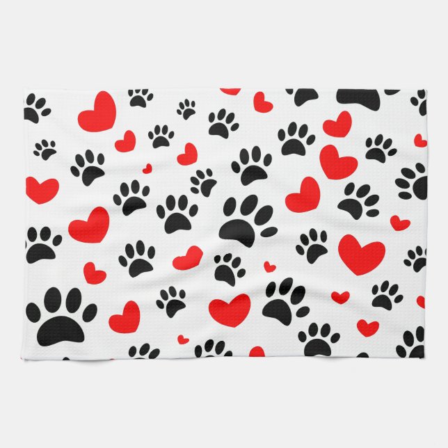 Random Cartoon Dog Paw Prints and Red Hearts Geschirrtuch (Horizontal)
