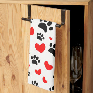 Random Cartoon Dog Paw Prints and Red Hearts Geschirrtuch