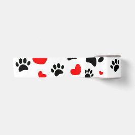 Random Cartoon Dog Paw Prints and Red Hearts Satinband