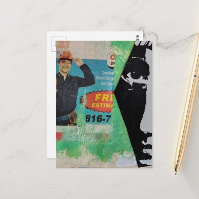 Random Collage Working Man and a Face Postkarte (Vorderseite/Rückseite Beispiel)