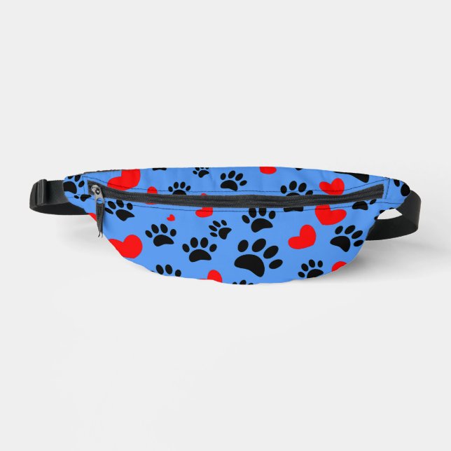 Random Dog Paw Prints und Red Hearts Blue Bauchtasche (Vorderseite)