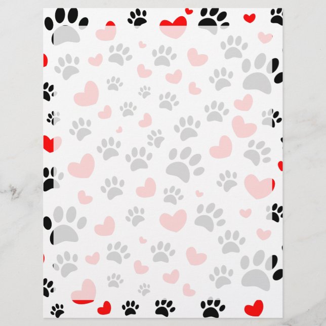 Random Dog Paw Prints und Rote Herzen Briefbogen (Vorderseite)