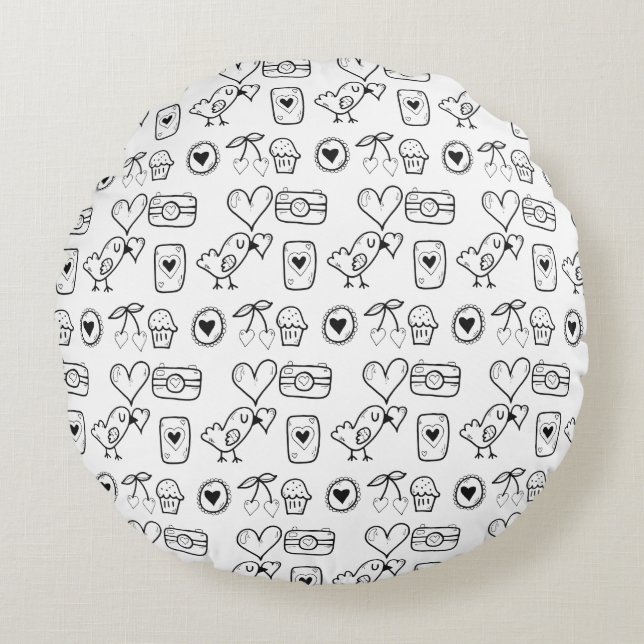 Random Doodles Birds, Herz und Kirschmuster Rundes Kissen (Vorderseite)