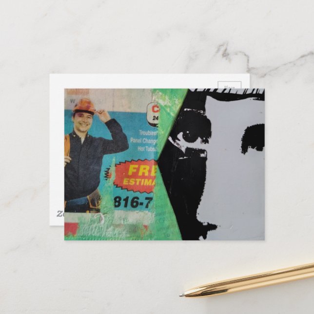 Random Mixed Media Collage Working Man and a Face Postkarte (Vorderseite/Rückseite Beispiel)