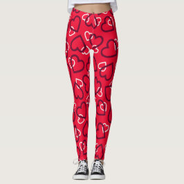 Random Red Outlined Hearts Pattern Leggings