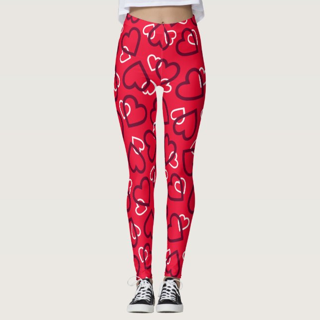 Random Red Outlined Hearts Pattern Leggings (Vorderseite)