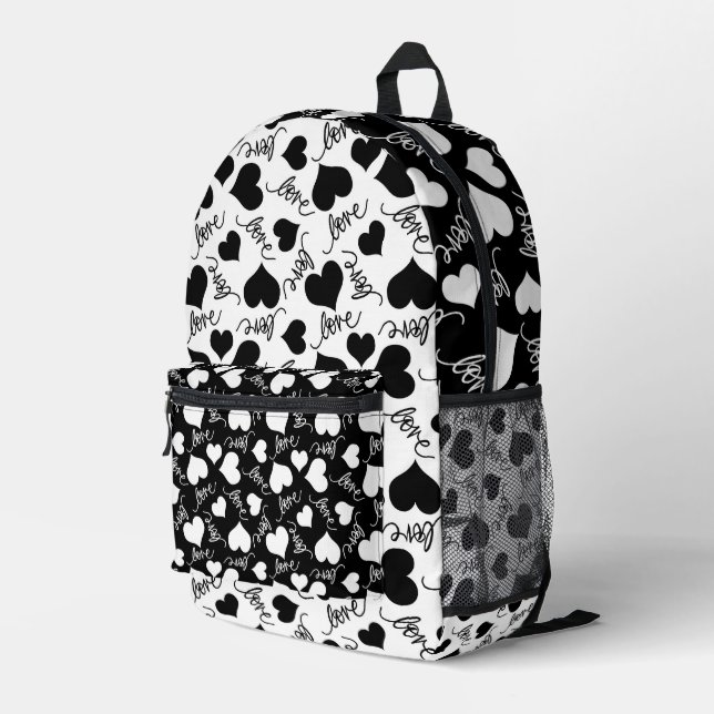 RANDOM-SCHWARZE UND WEISSE HERZEN MIT LIEBE-SKRIPT BEDRUCKTER RUCKSACK (Rückseitige Ecke Rechts)