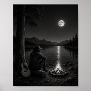 Randonneur au feu de camp sous la lune Poster Noir