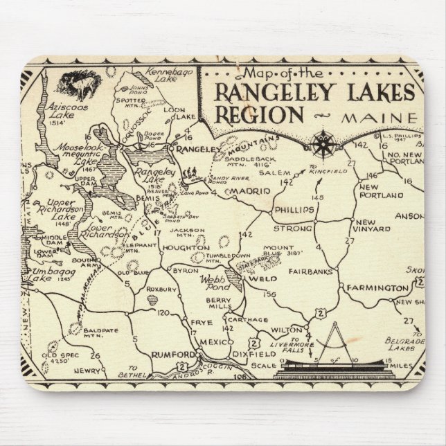 Rangeley Lakes Map Maine Vintage Poster Mousepad (Vorne)