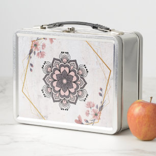 Rangoli Blumenkunst, Rosa und Grau Mandala Muster Metall Brotdose