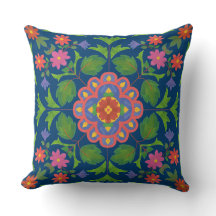 Rangoli floral Motif bleu profond Coussin ou couss