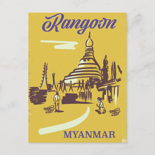 Rangoon Myanmar Vintage Reiseplakat Postkarte (Vorderseite)