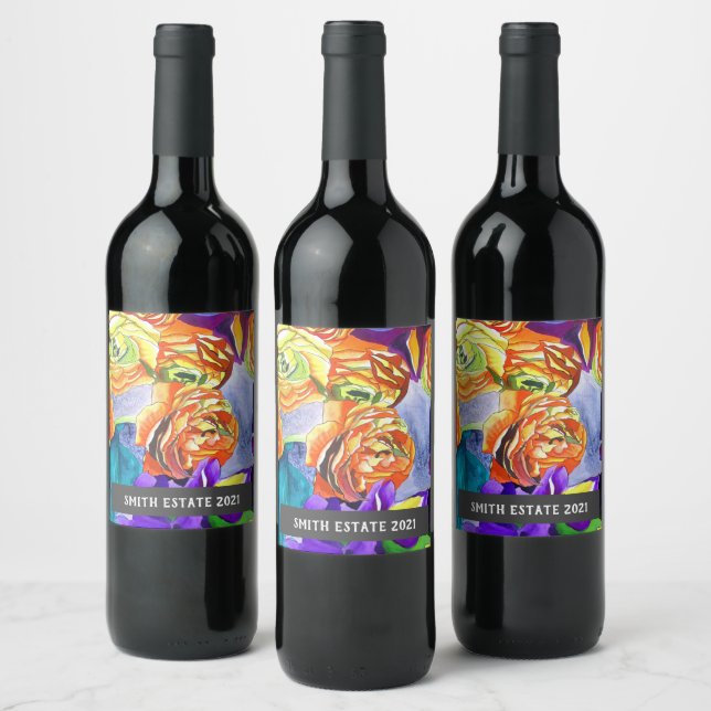 Ranunculus Iris Aquarell Blumenstrauß Weinetikett (Flaschen)