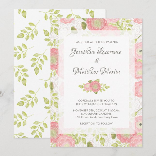 Ranunculus & Lace Peach Floral Wedding Einladung (Vorne/Hinten)