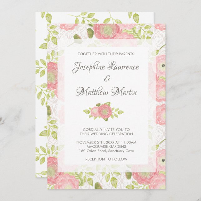 Ranunculus & Peach Floral Wedding Invitations (Devant / Derrière)