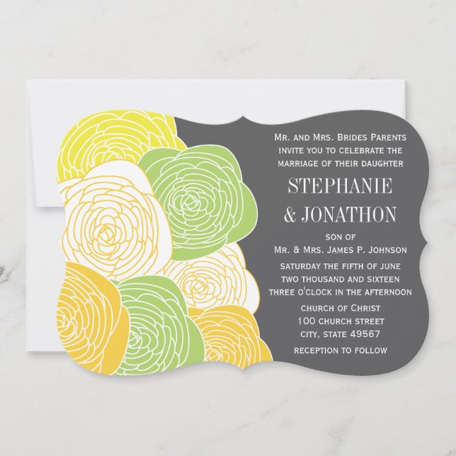 Ranunculus Rose Limon Gelb Grau Moderne Hochzeit Einladung (Vorderseite)