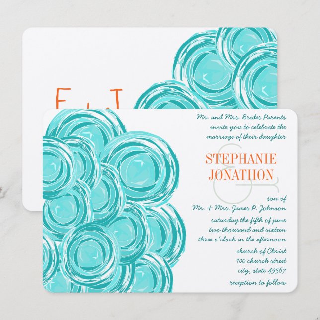 Ranunculus Rose Mint Coral Moderne Hochzeit Einlad Einladung (Vorne/Hinten)