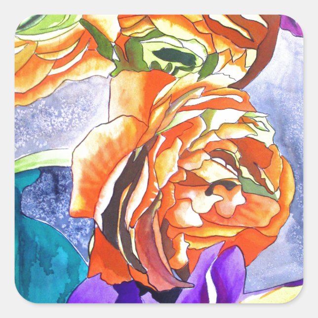 Ranunculus und Iris Aquarellkunst Quadratischer Aufkleber (Vorderseite)