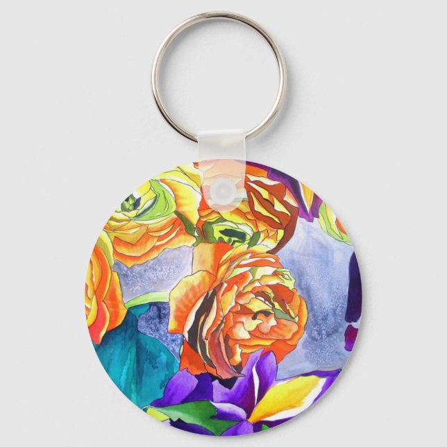 Ranunculus und Iris Aquarellkunst Schlüsselanhänger (Vorderseite)