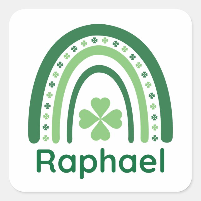 Raphael Name Clover Boho Rainbow Quadratischer Aufkleber (Vorderseite)