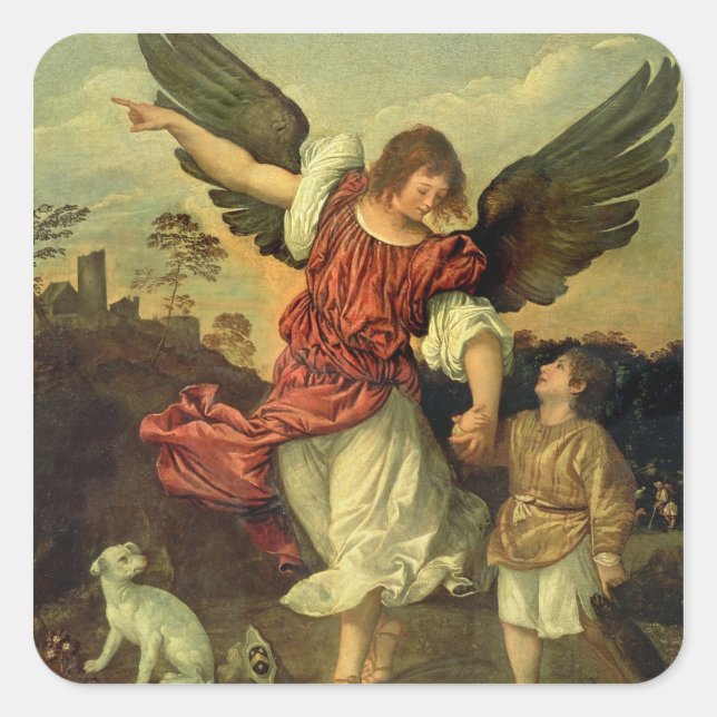 Raphael und Tobias, 1507-8 (Öl auf Tafel) Quadratischer Aufkleber (Vorderseite)