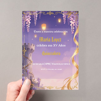 Rapunzel-Thema Quinceañera Lila Gold Prinzessin Acryleinladungen