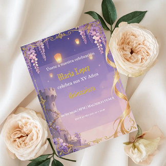 Rapunzel-Thema Quinceañera Lila Gold Prinzessin Einladung